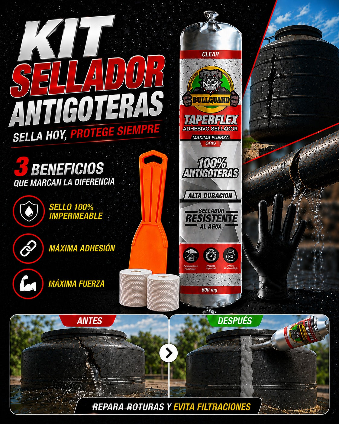KIT SELLADOR ANTIGOTERAS + ESPATULA + GUANTES + 2 MALLAS F3-IMG